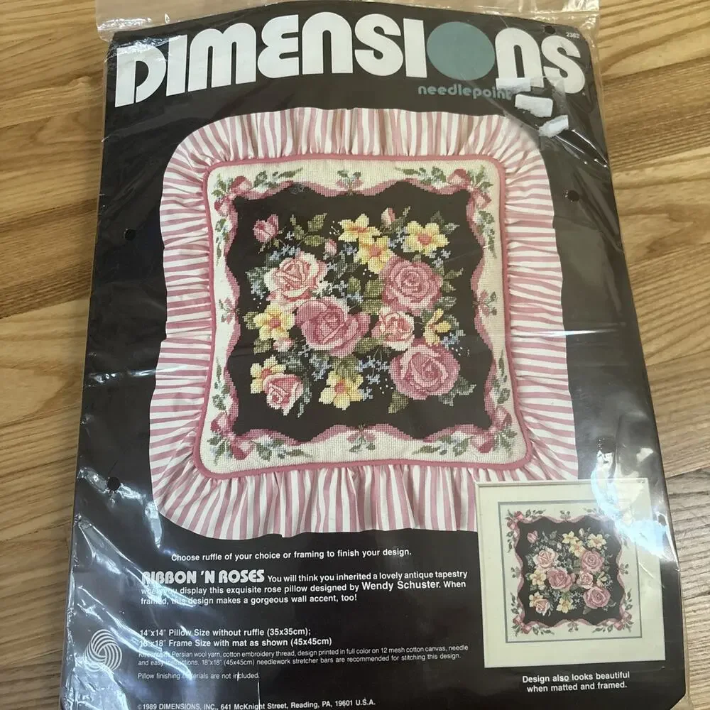 Vintage Grandmillenial Wool Needlepoint Kit Ribbon Bow And Roses Pink 13 Mesh